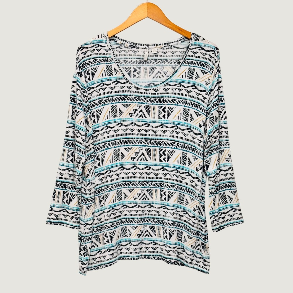 Cato Top Women XL White Geometric Tribal Print 3/4 Sleeve Scoop Neck Boho Shirt